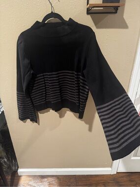 Roolee Black Sweater with Gray Striped Bell Sleeves